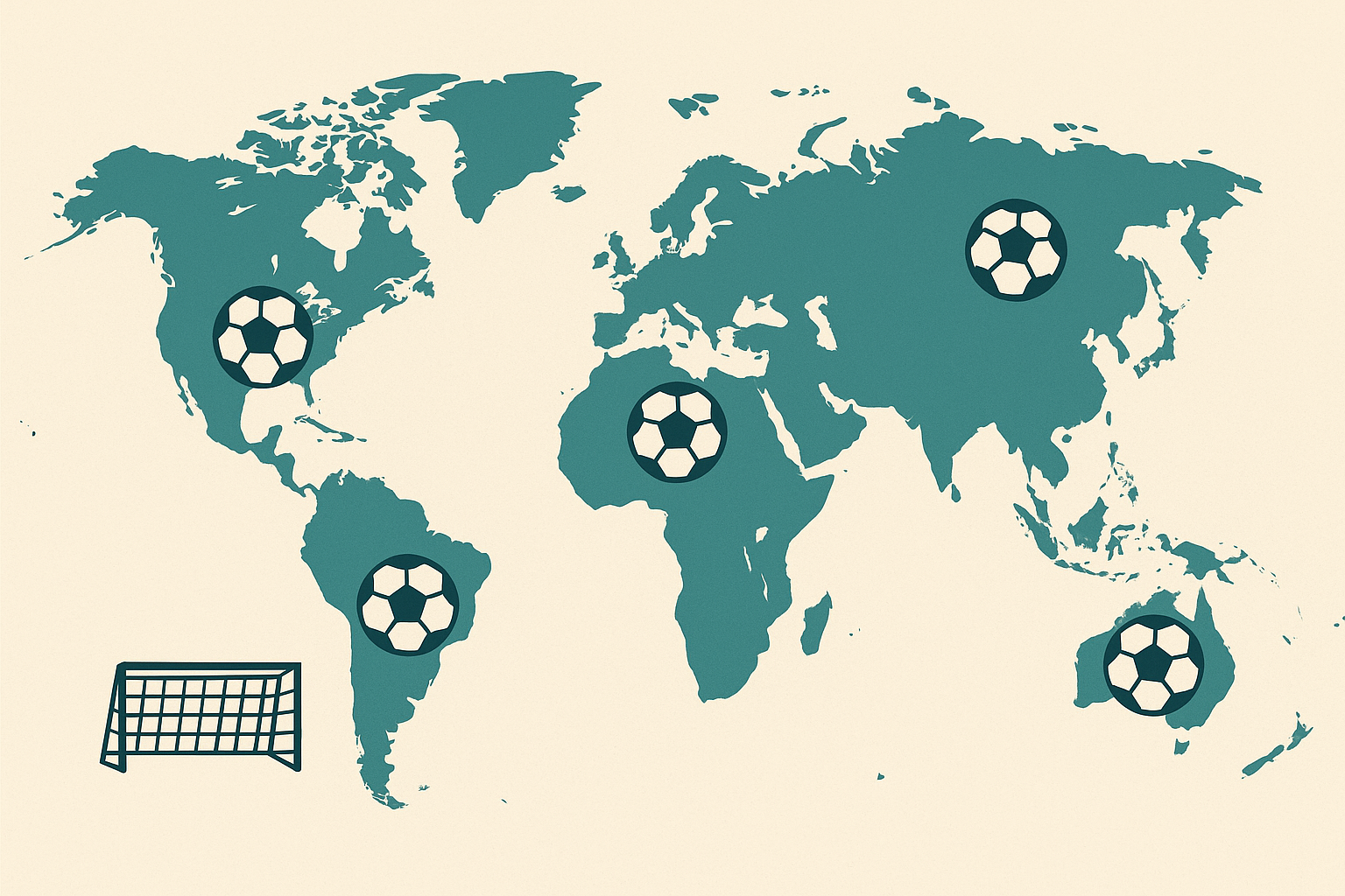 World map with soccer icons representing global competition