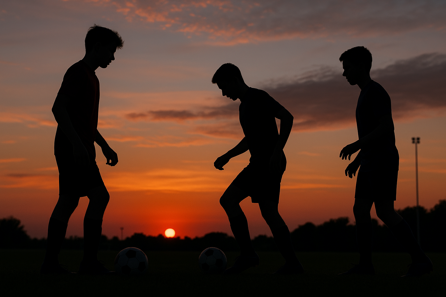 Youth soccer players practicing at sunset